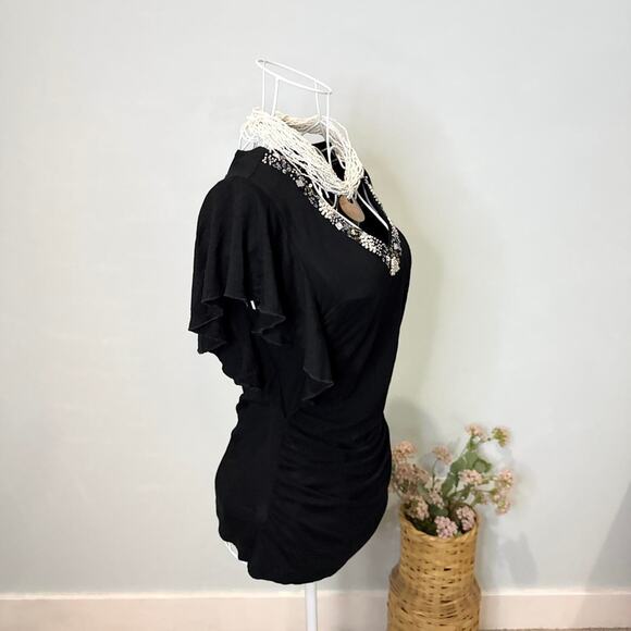 vintage y2k black sequin pearl beaded fitted babydoll plunging v neck - Picture 2 of 6